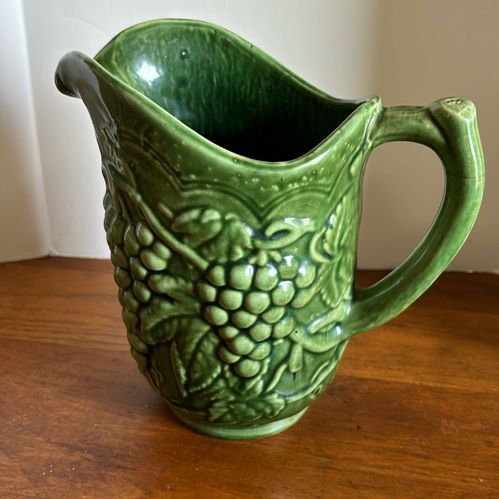Vintage ceramic green 7” grapes in vines pattern molded hand crafted pitcher